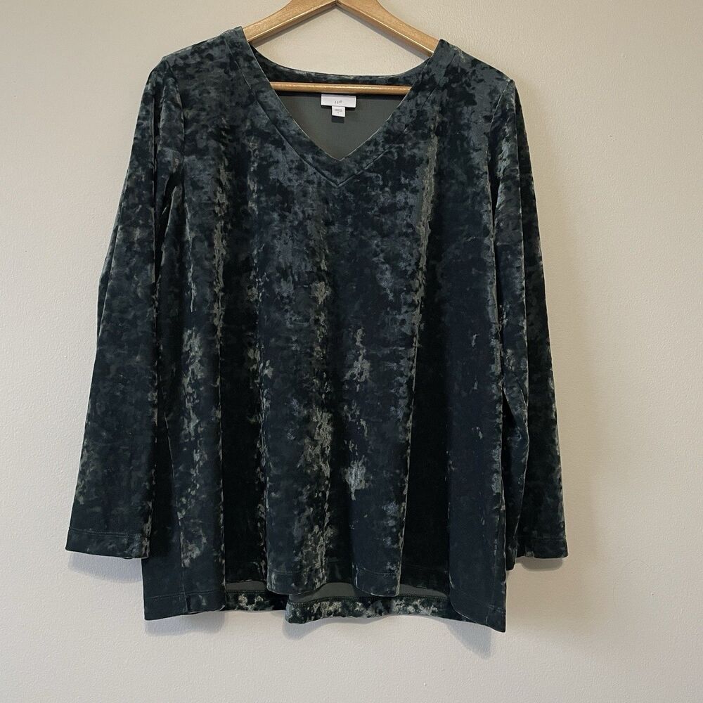 J. Jill  Crushed Velvet  Top Large Green Velour Classic Office Casual Romantic